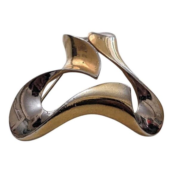 Vintage Crown Trifari Brooch Modernist Silvertone & Goldtone Wave - Picture 5 of 5